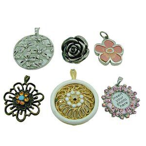 Lot 6 Mixed Assortment Silver Gold Tone Enamel Flower Themed Pendants Crafts Art